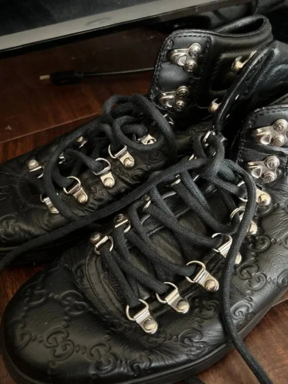 AUTHENTIC Gucci Bambi GG Monogram High Top Black Leather Sneakers UK 8 OR US 9